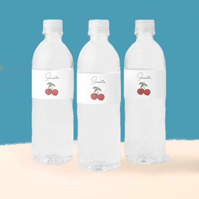 Étiquette Pour Bouteilles D'eau Two Red Cherries Illustration | Cute Fruit Art  (Créateur téléchargé)