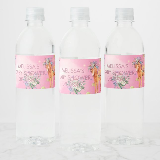 Étiquette Pour Bouteilles D'eau Unicornes et papillons aquarelle rose (Bouteilles)