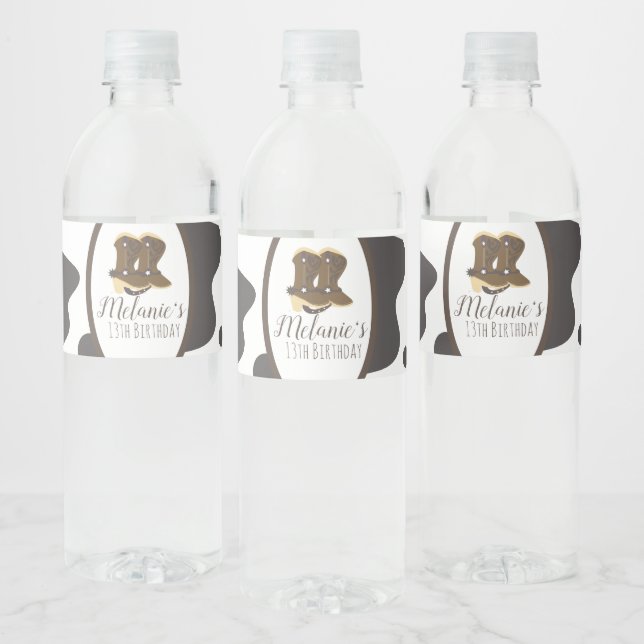 Étiquette Pour Bouteilles D'eau Vache moderne Imprimer Rodéo Filles Bottes Anniver (Bouteilles)