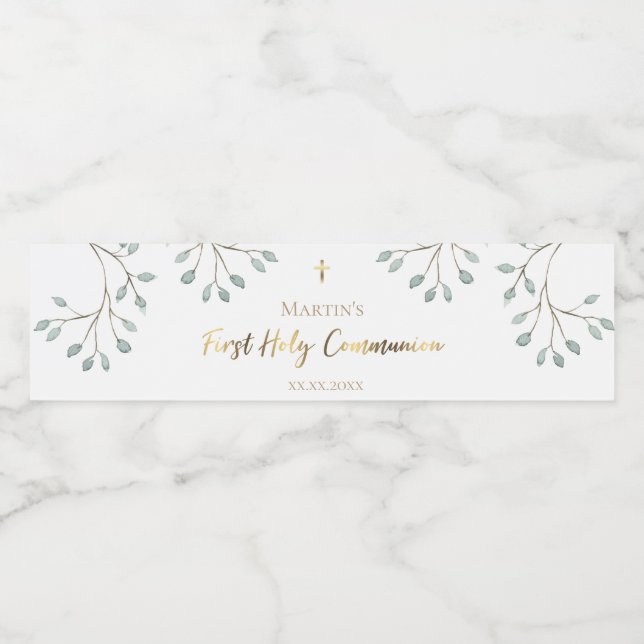 Étiquette Pour Bouteilles D'eau verdure aquarelle Première communion (Étiquettes simples)