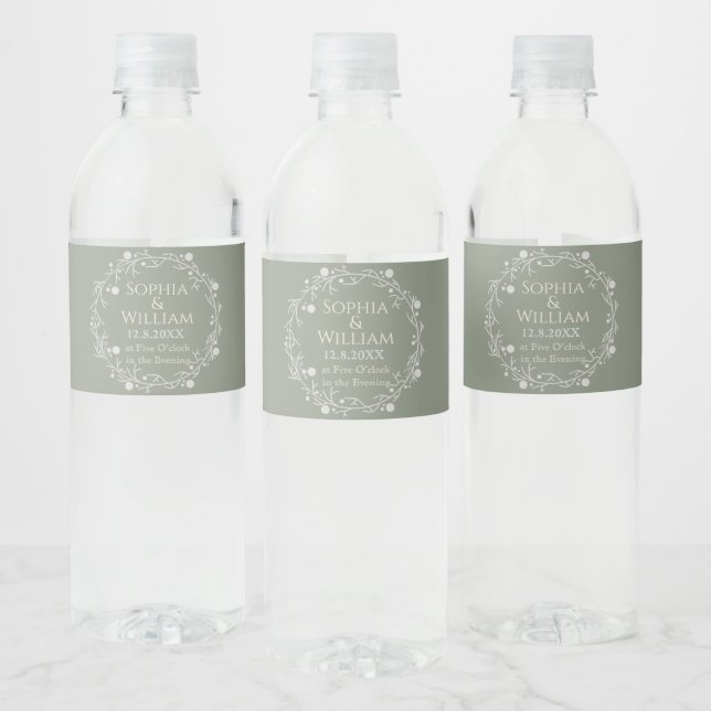 Étiquette Pour Bouteilles D'eau Vert Sauge Élégant (Bouteilles)