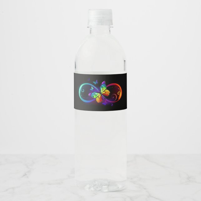 Étiquette Pour Bouteilles D'eau Vibrant infinity with rainbow butterfly on black (Devant)