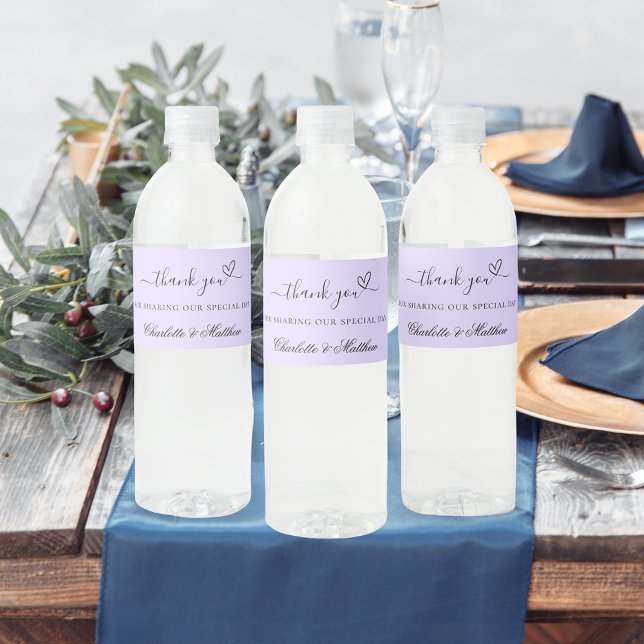 Étiquette Pour Bouteilles D'eau Violet lavender script mariage merci (Créateur téléchargé)
