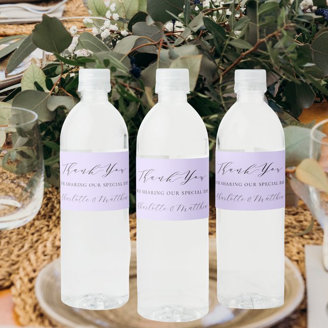 Étiquette Pour Bouteilles D'eau Violet lavender script moderne mariage merci (Créateur téléchargé)