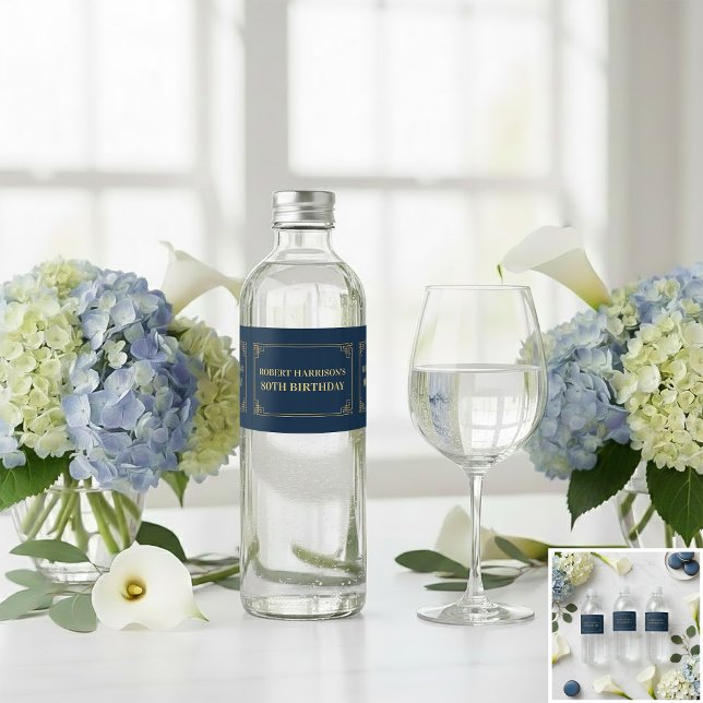 Étiquette Pour Bouteilles D'eau Water Bottle Label Chic Navy Gold 80th Birthday (SEE FULL SUITE AT BOTTOM)