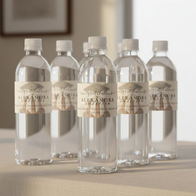 Étiquette Pour Bouteilles D'eau Whimsical Calligraphy Graduation Bow (Whimsical Calligraphy Graduation Bow Water Bottle Label)