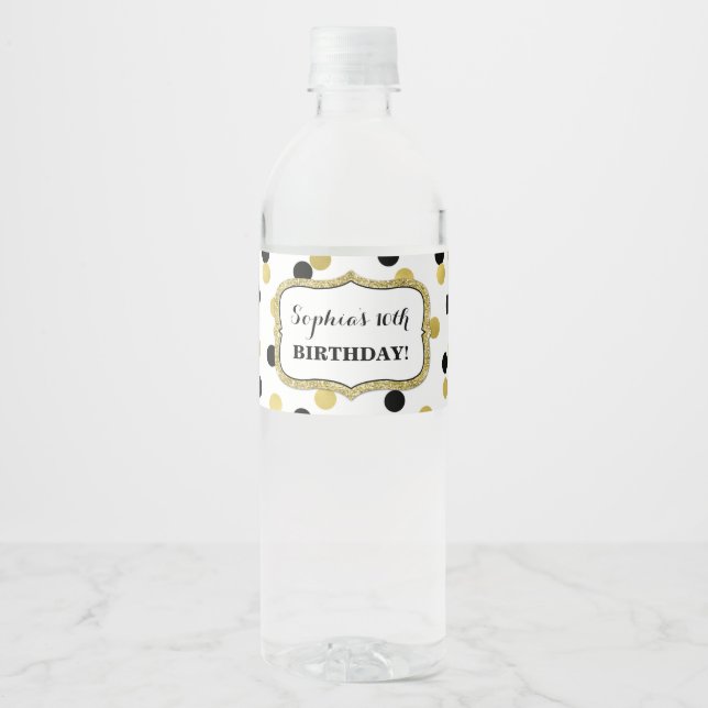 Étiquette Pour Bouteilles D'eau White Black Gold Confetti Personnalisé Anniversair (Devant)