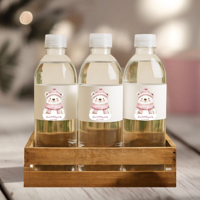 Étiquette Pour Bouteilles D'eau Winter Wonderland White Bear Anniversaire (Créateur téléchargé)