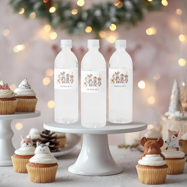 Étiquette Pour Bouteilles D'eau Winter Woodland Animals Birthday  (Créateur téléchargé)