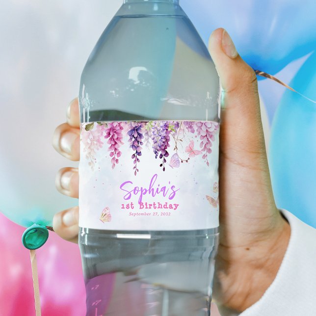 Étiquette Pour Bouteilles D'eau Wisteria florale lunaire Anniversaire de enfant (Créateur téléchargé)