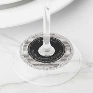 Étiquette Pour Verre De Vin 25ème anniversaire de l'argent et du Mariage noir