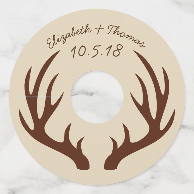 Étiquette Pour Verre De Vin Antlers de cerfs Brown rustiques et Mariage de tau (Devant)