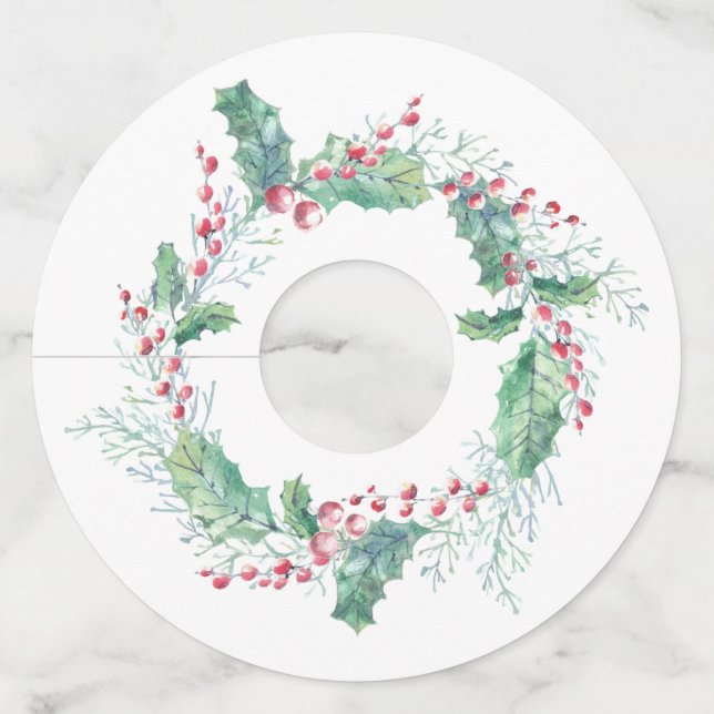 Étiquette Pour Verre De Vin Aquarelle Baies rouges et Feuilles creux (Devant)