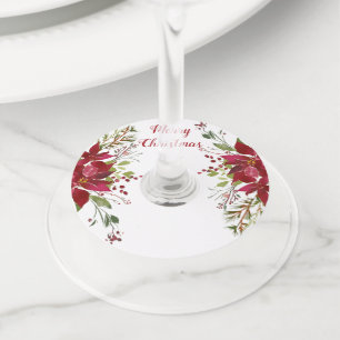 Étiquette Pour Verre De Vin Aquarelle Poinsettias Fête de Noël Florale