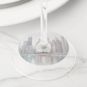 Étiquette Pour Verre De Vin Architecture de la skyline de Chicago aquarelle pe