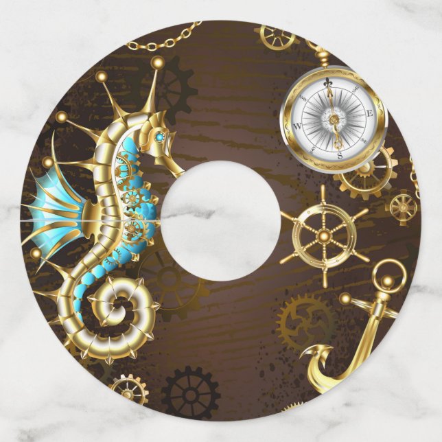 Étiquette Pour Verre De Vin Arrière - plan en bois avec cheval de mer mécaniqu (Devant)