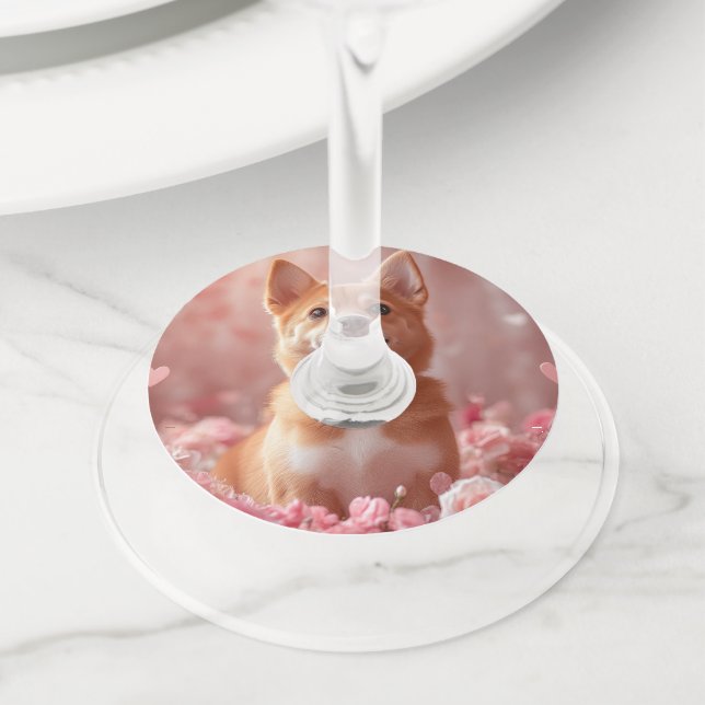 Étiquette Pour Verre De Vin Basenji avec des roses - Saint-Valentin (De près)