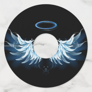 Étiquette Pour Verre De Vin Blue Glowing Angel Wings on black background