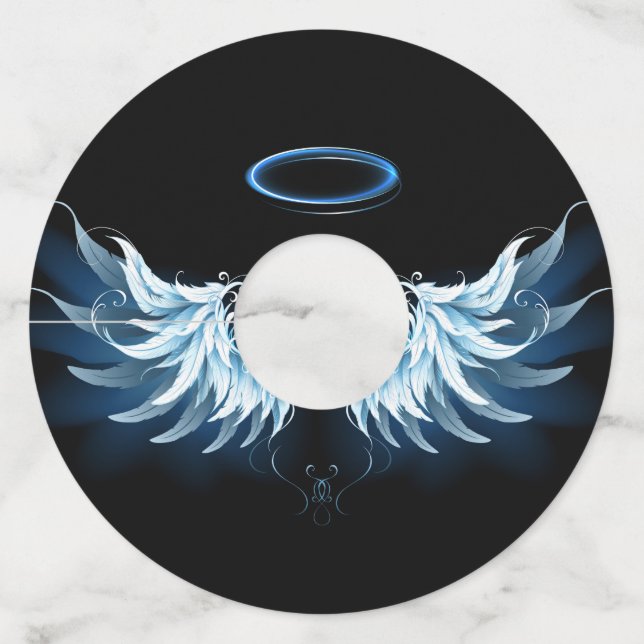 Étiquette Pour Verre De Vin Blue Glowing Angel Wings on black background (Devant)