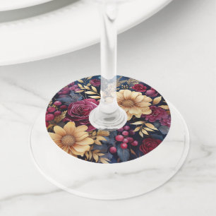 Étiquette Pour Verre De Vin Bourgogne, or et marine Floral