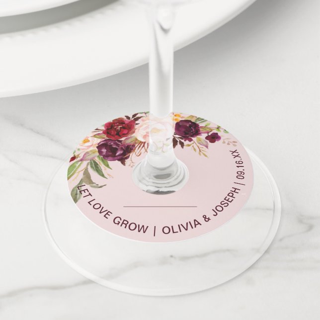 Étiquette Pour Verre De Vin Burgundy Floral Pink Wedding with Name (De près)