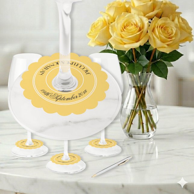 Étiquette Pour Verre De Vin Célébration de Mariage Jaune Ensoleillé Écriture É (Fabulous! Perfect in the right setting.)