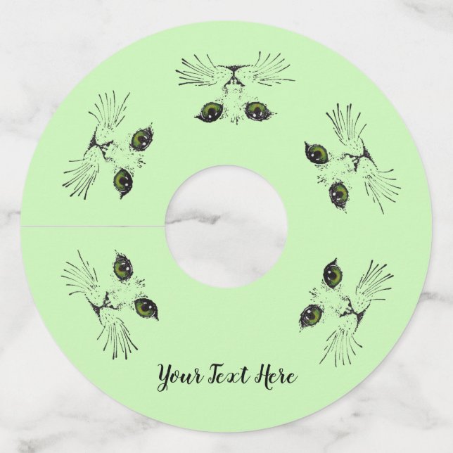 Étiquette Pour Verre De Vin Cercle de chat Visages Whiskers Vert Yellow Eyes (Devant)