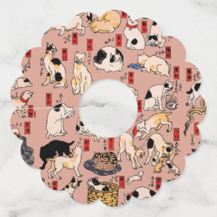 Étiquette Pour Verre De Vin chats japonais Ukiyo-e Funny kitty