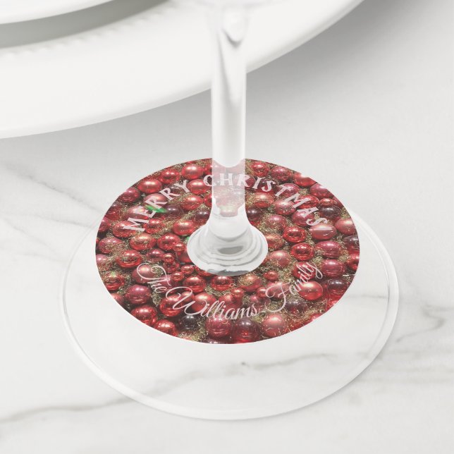 Étiquette Pour Verre De Vin Christmas Baubles rose rouge Ajouter nom et texte (De près)