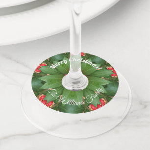 Étiquette Pour Verre De Vin Christmas Green Red Floral Ajouter nom et texte