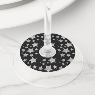 Étiquette Pour Verre De Vin Christmas Sparkle Stars argent motif sur noir