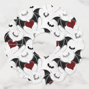 Étiquette Pour Verre De Vin Coeur d'Halloween avec ailes de chauve-souris noir