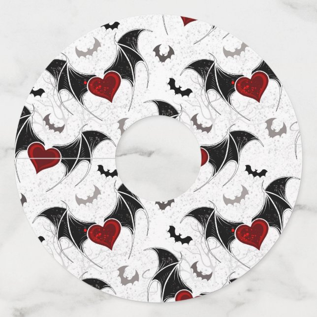 Étiquette Pour Verre De Vin Coeur d'Halloween avec ailes de chauve-souris noir (Devant)