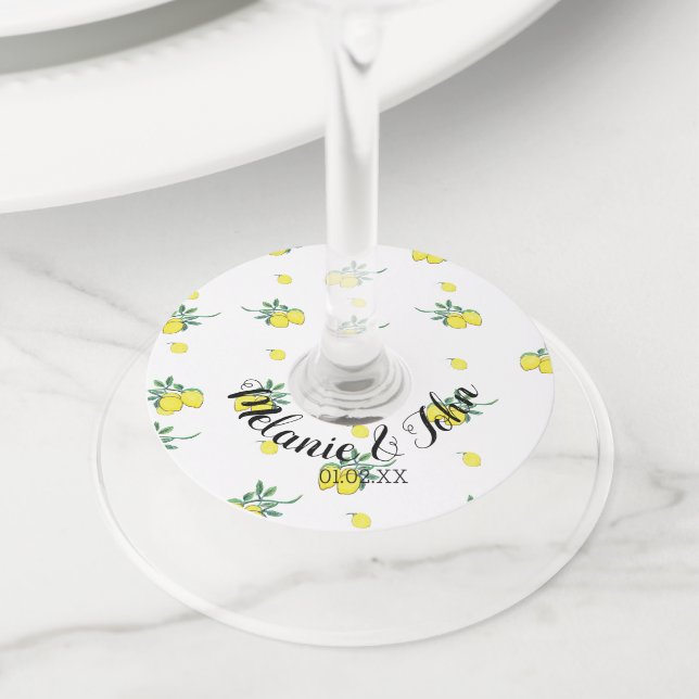 Étiquette Pour Verre De Vin Conception de citron aquarellé à la main - Nom du  (De près)