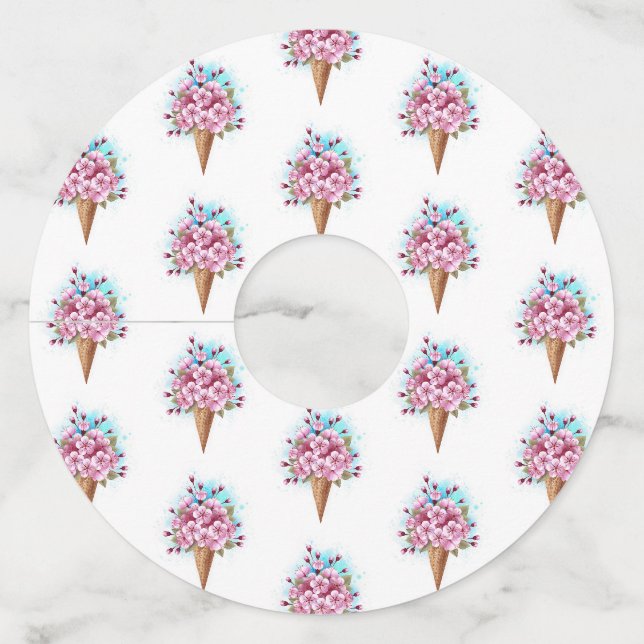 Étiquette Pour Verre De Vin Cône rose Sakura crème glacée gaufre (Devant)
