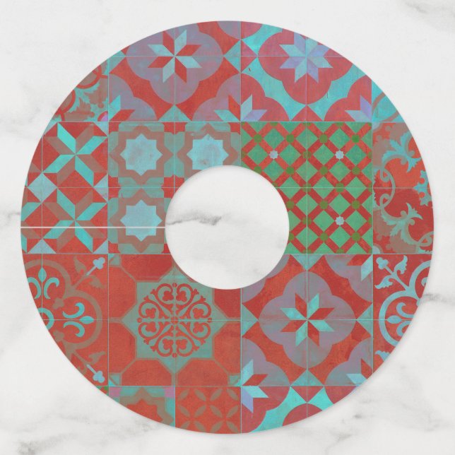 Étiquette Pour Verre De Vin Cool, carreaux de la mer Égée tendance en rouge et (Devant)