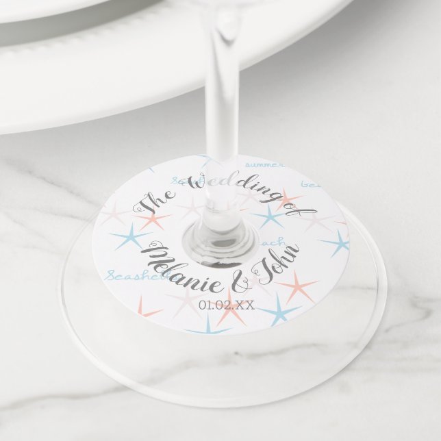 Étiquette Pour Verre De Vin Coquillages Étoile de Mer Mariage sur la Plage- No (De près)