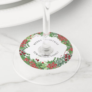 Étiquette Pour Verre De Vin Couronne de baies à l'aquarelle Joyeux Noël famill