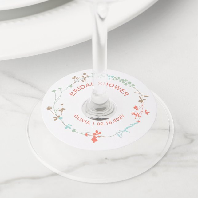 Étiquette Pour Verre De Vin Couronne de fleurs sauvages élégante pour Shower d (De près)