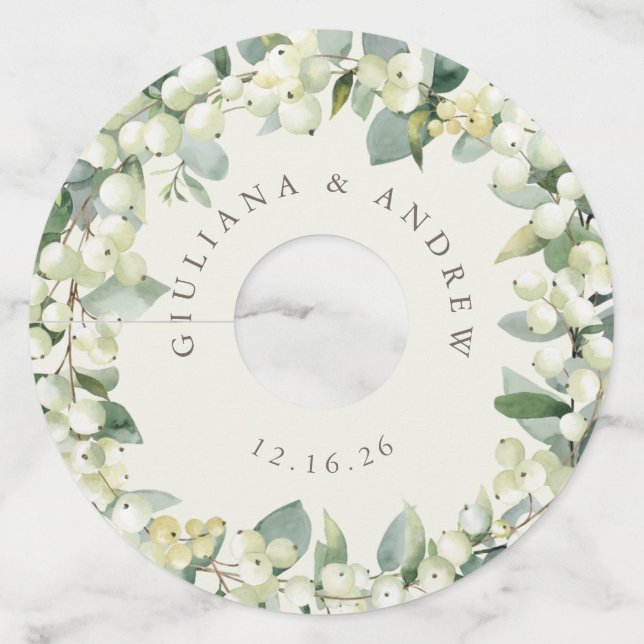 Étiquette Pour Verre De Vin Crème Snowberry & Eucalyptus Mariage d'hiver (Devant)