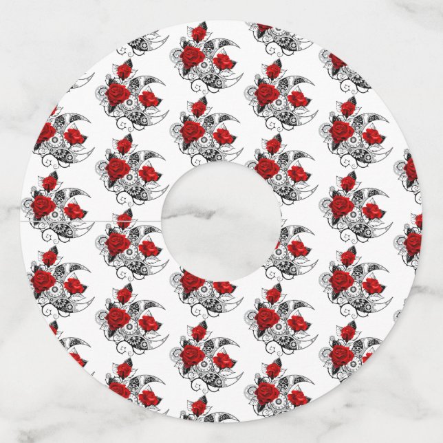 Étiquette Pour Verre De Vin Croissant mécanique avec roses rouges (Devant)