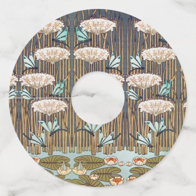 Étiquette Pour Verre De Vin Dragonflies Water Lilies Marais Art Nouveau (Devant)