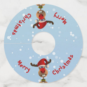 Étiquette Pour Verre De Vin Drôle mignon renne maladroit Noël Père Noël Chapea