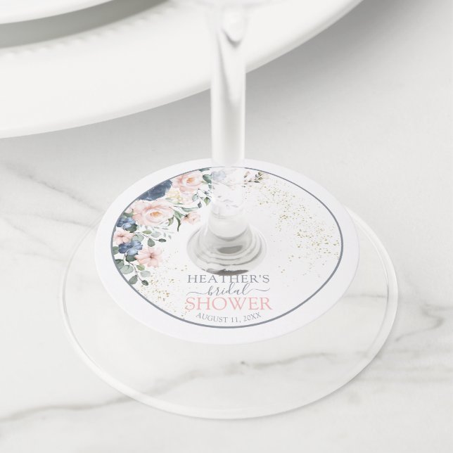 Étiquette Pour Verre De Vin Dusty Blue Blush Fête des mariées or rose (De près)