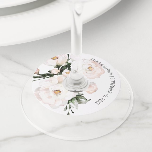 Étiquette Pour Verre De Vin Élégant Favori de Mariage Fleur Rose Pâle Aquarell (De près)