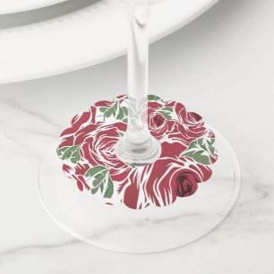 Étiquette Pour Verre De Vin Elégant Motif Rose Vintage - Rouge & Vert Floral