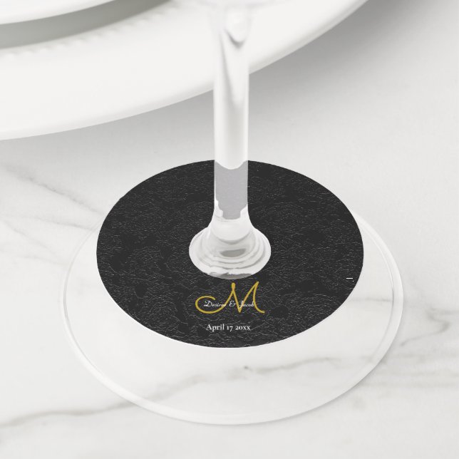 Étiquette Pour Verre De Vin Élégant noir blanc or simple Mariage Monogramme (De près)