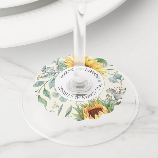 Étiquette Pour Verre De Vin Elégant Sunflower Eucalyptus Mariage Favoriser (De près)