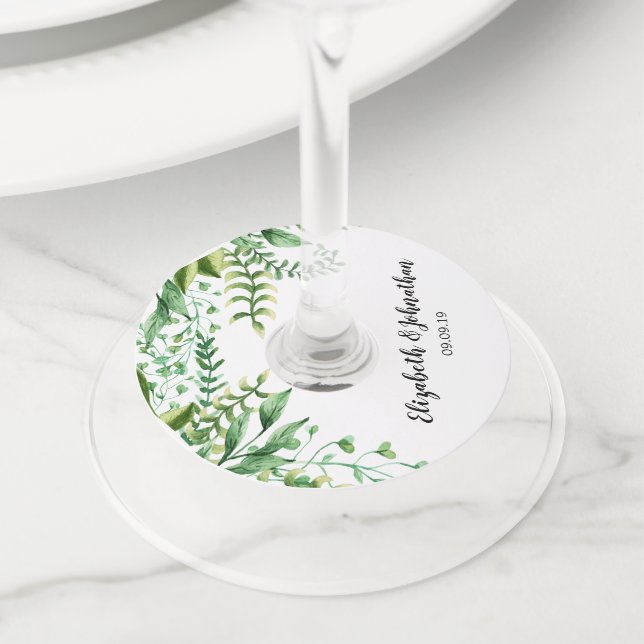 Étiquette Pour Verre De Vin Elégant vert Aquarelle Mariage botanique (De près)