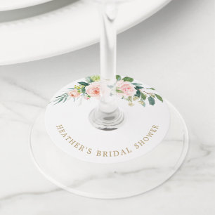 Étiquette Pour Verre De Vin Élégante Douche de Mariée Fleurie Rose